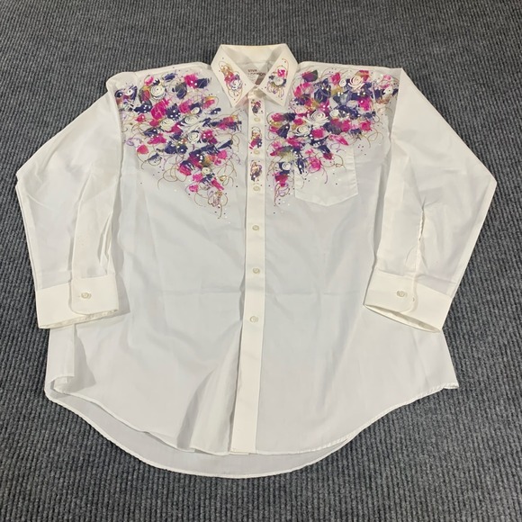VTG Viva Collection Top Womens Large White Button Up Abstract Paint Art Splatter - Picture 1 of 15